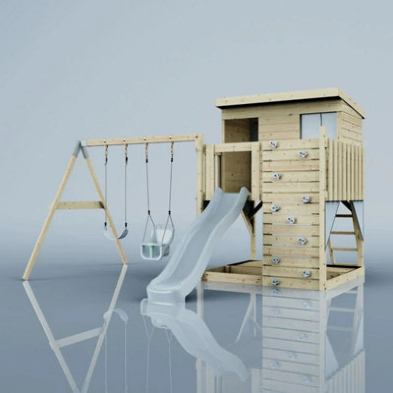 Image of Polarplay Garden Climbing Platform And Playhouse With Double Swing For Kids - Nils With Baby Seat Ice Blue