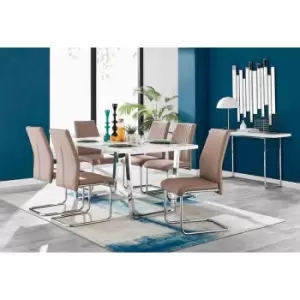Image of Furniture Box Kylo White High Gloss Dining Table and 6 Cappuccino Lorenzo Chairs