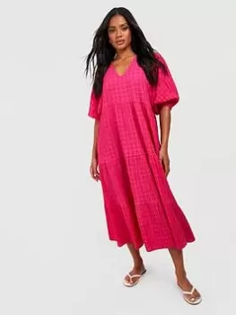 Image of Boohoo Textured Puff Sleeve Tiered Midi Dress - Pink, Size 10, Women