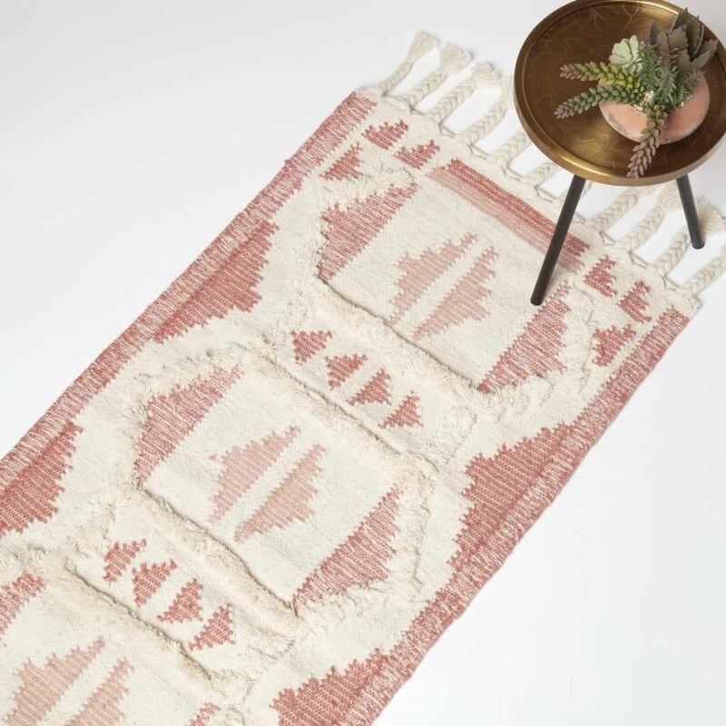 Image of Homescapes Satara Pink Kilim Runner Wool Rug 66 x 200cm Pink