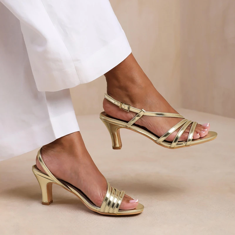 Image of Wheres That From Mykonos Mutli Strap Slingback Low Block Heel In Go Goldmetallic female 4