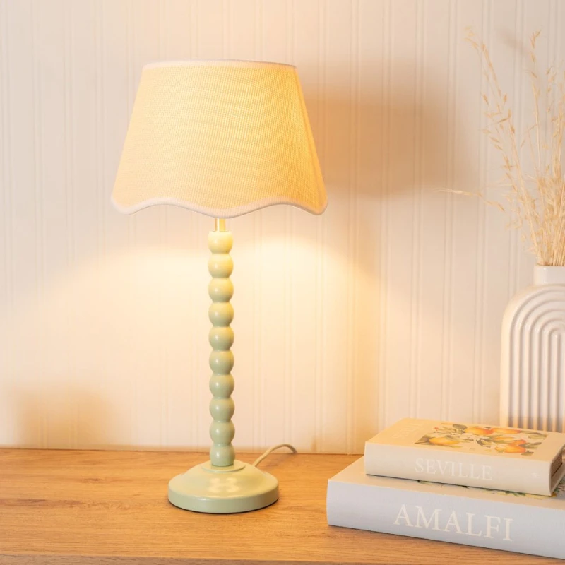 Image of ValueLights Bobbins Sage Green Table Lamp with Linen Scallop White Trim Shade and LED Bulb Pale Green