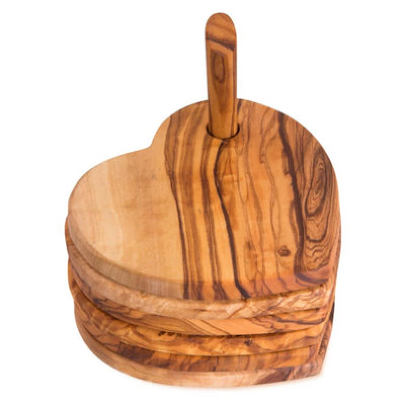 Image of Verano Spanish Ceramics Olive Wood Natural Grained Rustic Kitchen Dining Set of 5 Heart Shaped Coasters On A Pole 10cm Natural unisex