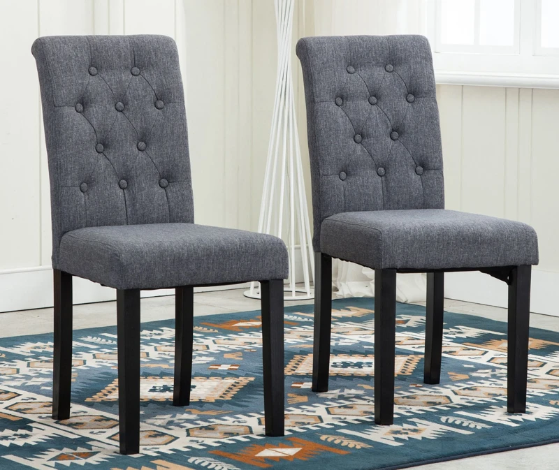 Image of MCC Direct Set of 2 Linen Fabric Plush Padded Buttoned Back Dining Chairs in Grey Grey Unisex