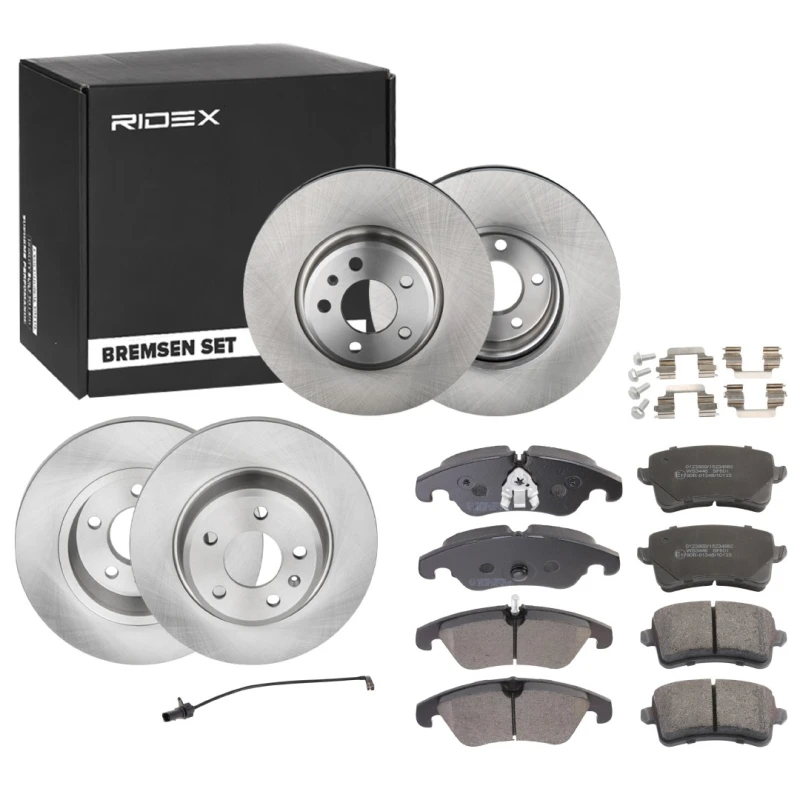 Image of RIDEX 3405B1671 Brake disc and pads set with accessories, Rear Axle, Brake Disc Type: Solid, incl. wear warning contact, with piston clip Brake Set,d