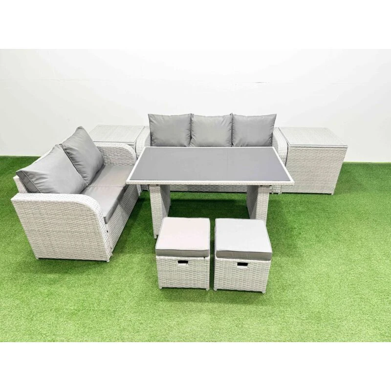 Image of Fimous Garden Furniture Set with Rectangular Dining Table 2 Small Stool in Light Grey Light Grey Unisex