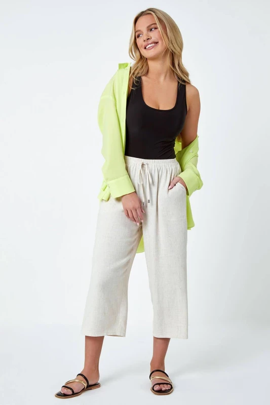Image of Roman Womens Petite Linen Mix Wide Cropped Trousers in Natural Size: 16 Natural Female 16