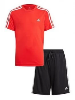 Image of adidas Boys Junior 3-Stripes T-Shirt & Shorts Set - Red/Black, Red/Black, Size 11-12 Years