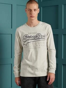 image of Superdry Vintage Label Emboss Long Sleeve T-Shirt - Grey Marl, Size S, Men