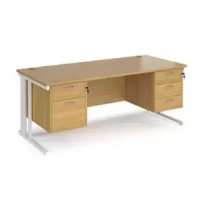 image of Office Desk Rectangular Desk 1800mm With Double Pedestal Oak Top With White Frame 800mm Depth Maestro 25 MCM18P23WHO