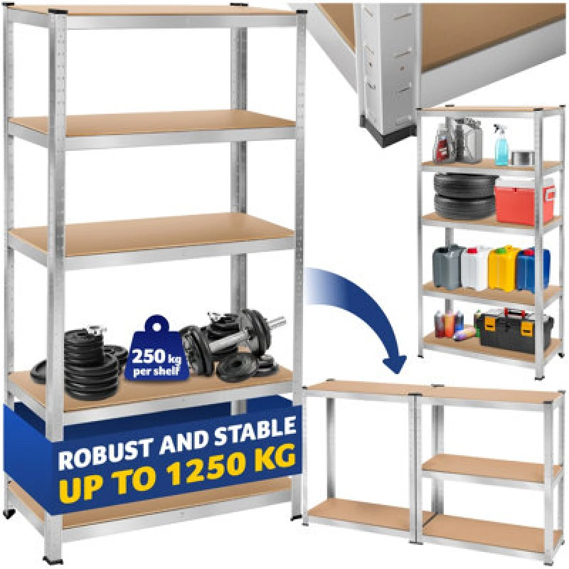 Image of Tectake Garage Shelving - Heavy-Duty Galvanised Steel Frame, Height-Adjustable Shelves - 90 X 40 X 180 Cm - 1250 Kg - Silver