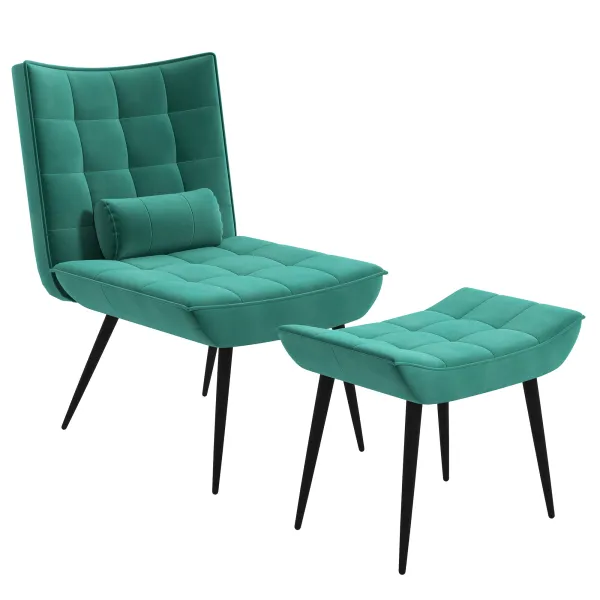 Image of HOMCOM Armless Accent Chair w/ Footstool Set, Modern Tufted Upholstered Lounge Chair w/ Pillow, Steel Legs for Living Room, Green