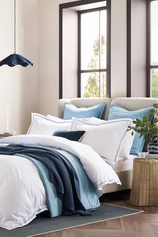 Image of CHRISTY 'Wave Edge' Embroidered Cotton Percale Duvet Cover Sets in Blue Size: Double Blue Unisex Double