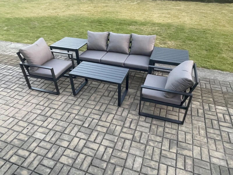 Image of Fimous Aluminium Garden Furniture Set Patio Lounge Sofa with Oblong Coffee Table 2 Armchairs 2 Side Table Dark Grey Dark Grey Unisex