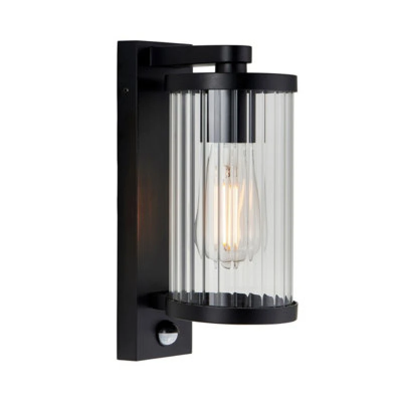 Image of Luminosa Lighting Luminosa Newcombe Outdoor Modern Wall Lamp Matt Black & Clear Ribbed Glass E27