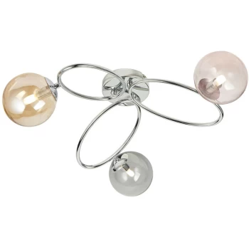 Image of Endon Ellipse Semi Flush 3 Light Globe Lamp Chrome, Pink Champagne & Tinted Glass Shades