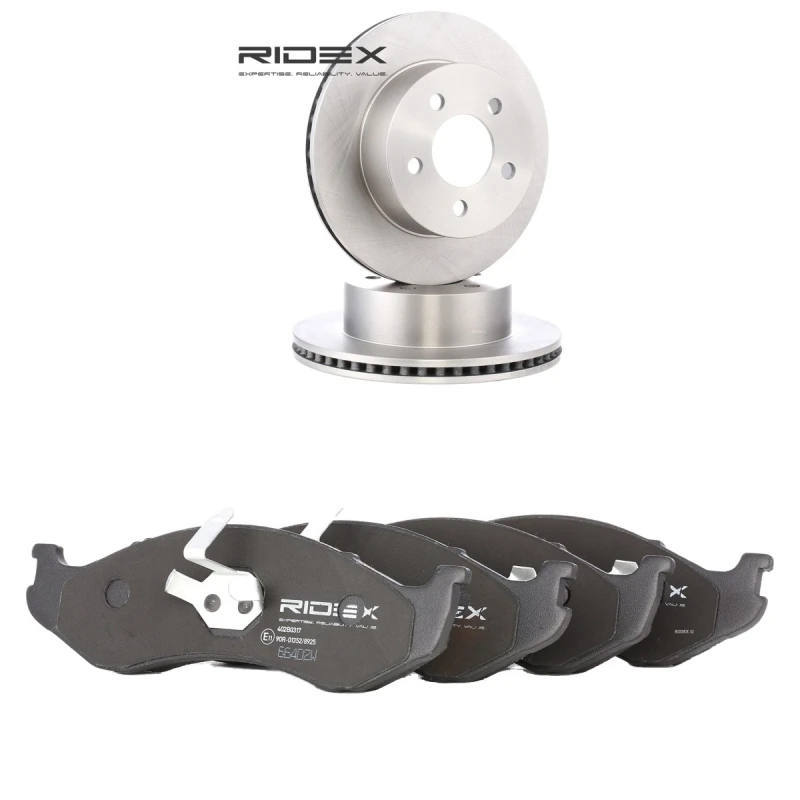 Image of RIDEX 3405B2627 Brake disc and pads set Front Axle, Brake Disc Type: internally vented, not prepared for wear warning indicator Brake Set,disc brakes