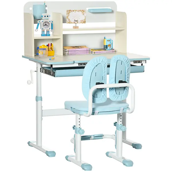 Image of HOMCOM Kids Desk and Chair Set, Height Adjustable School Desk & Chair Set w/ Shelves, Washable Cover, Anti Slip Mat, for Kids Aged 3-12, Blue