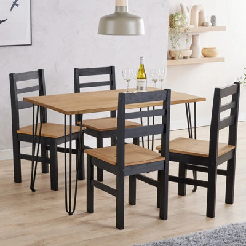 Image of Core Products Augusta Antique Waxed Pine 118Cm Wide Dining Table With 4 Black Pine Chairs