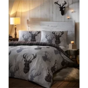 Image of Tartan Check Stag Reindeer King Size Duvet Cover Set Bedding Set Grey/Black