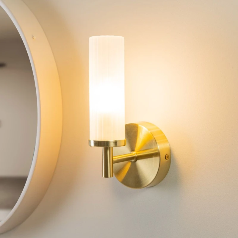 Image of ValueLights Canya Pair of Brushed Gold IP44 Rated Bathroom Frosted Reeded Glass Wall Lights Gold