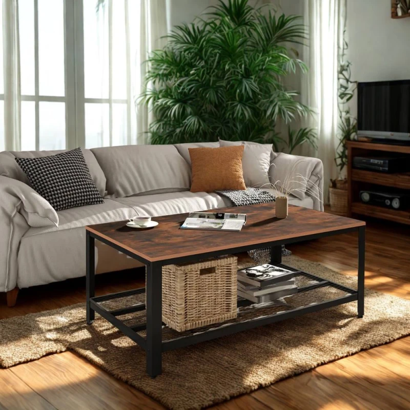 Image of Pirlo Plush 2 Tier Industrial Rectangular Coffee Table With Storage Shelf in Brown Brown Unisex