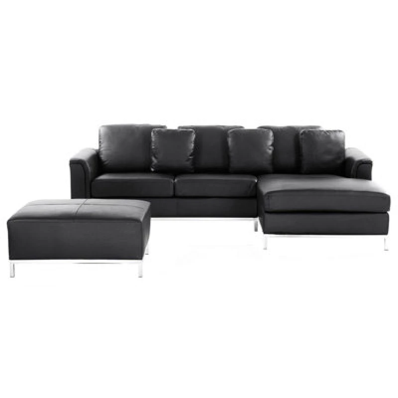 Image of Beliani Corner Sofa 5 Seater Oslo Leather Black With Ottoman Left Hand