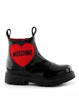 image of Moschino Girl Moschino Heart Logo Patent Chelsea Boots - Black, Size 12 Younger