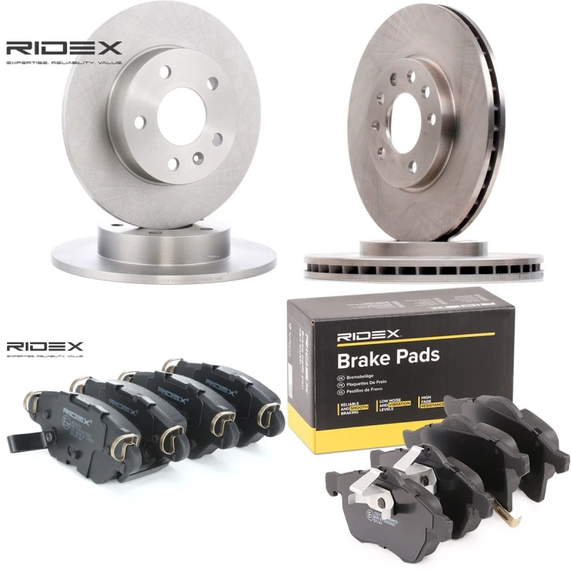 Image of RIDEX 3405B0339 Brake disc and pads set Rear Axle, Brake Disc Type: internally vented, with acoustic wear warning Brake Set,disc brakes (3405)