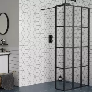 Image of Black 900mm Grid Wet Room Shower Screen with Wall Support Bar & Return Panel - Nova