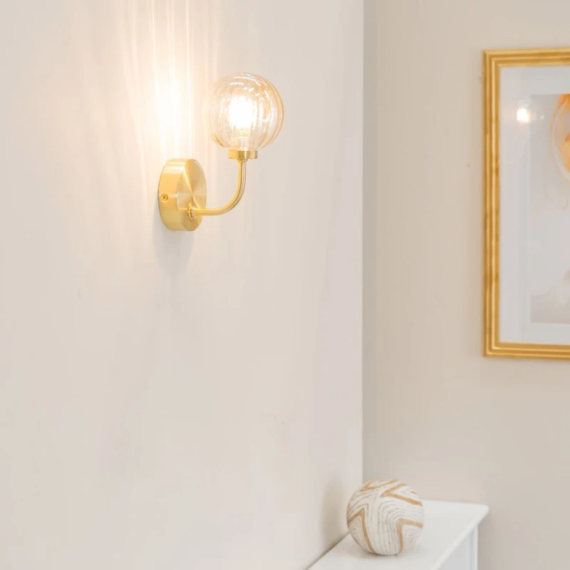 Image of ValueLights Chessy Pair of Ribbed Glass Globe Shade Gold Stem Wall Lights & LED Bulbs Gold