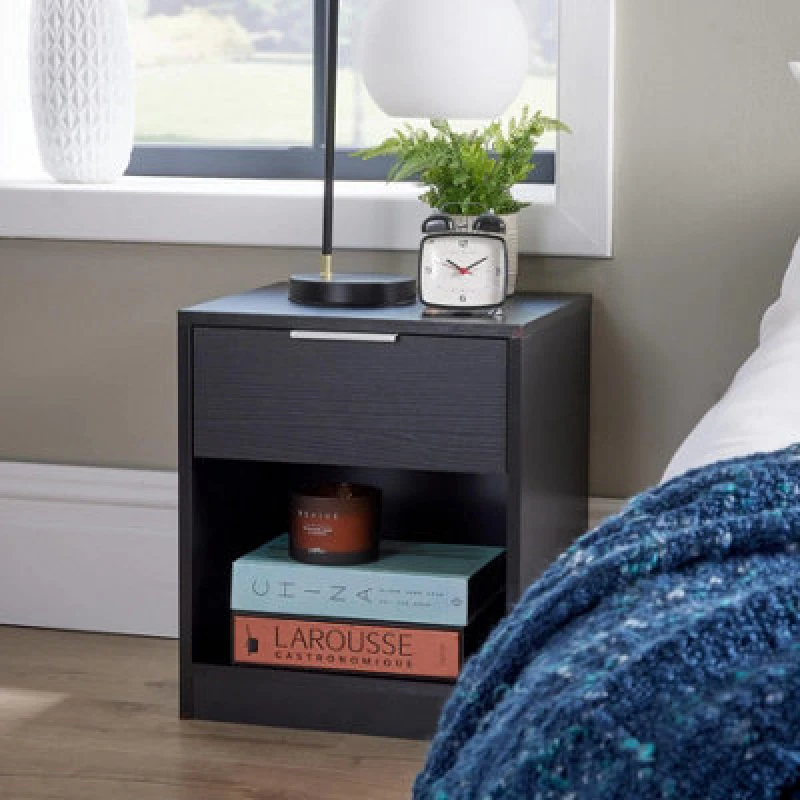 Image of Home Source Phoenix 1 Drawer Bedside Table Nightstand Storage Unit Black Bedroom Furniture