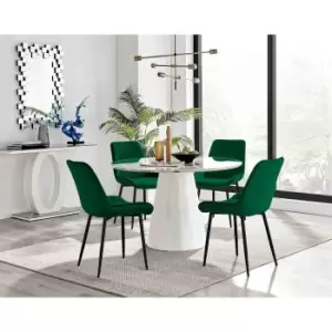Image of Furniture Box Palma White Marble Effect Round Dining Table and 4 Green Pesaro Black Leg Chairs