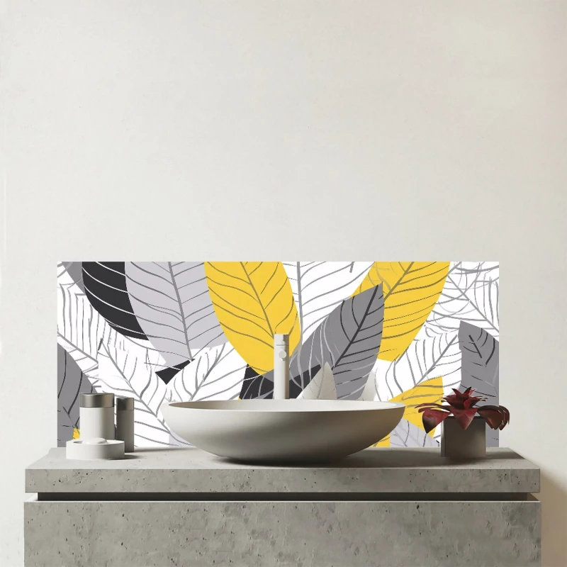Image of Warren Reed - Designer Yellow Grey Feather Leaves Glass Bathroom Splashback Yellow Unisex
