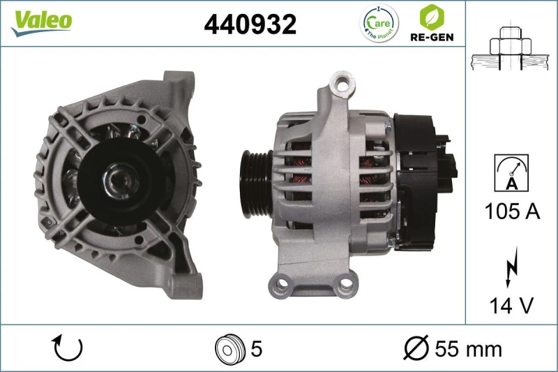 Image of VALEO 440932 Generator VALEO RE-GEN REMANUFACTURED Alternator Charging Current: 105A, Voltage: 14V Alternator (4)