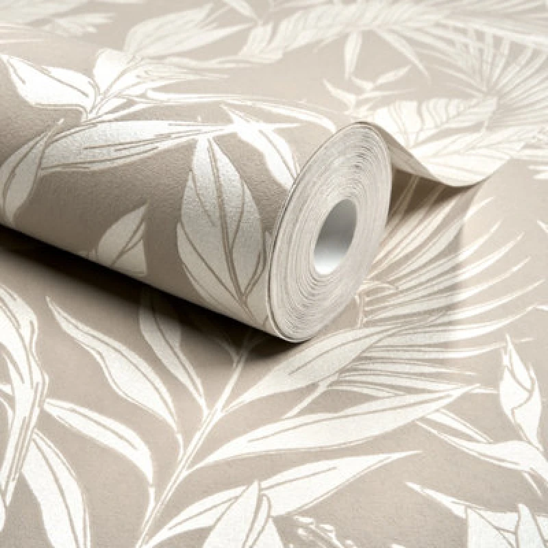 Image of Grandeco Glistening Lucia Tropical Foliage Blown Vinyl Wallpaper, Beige