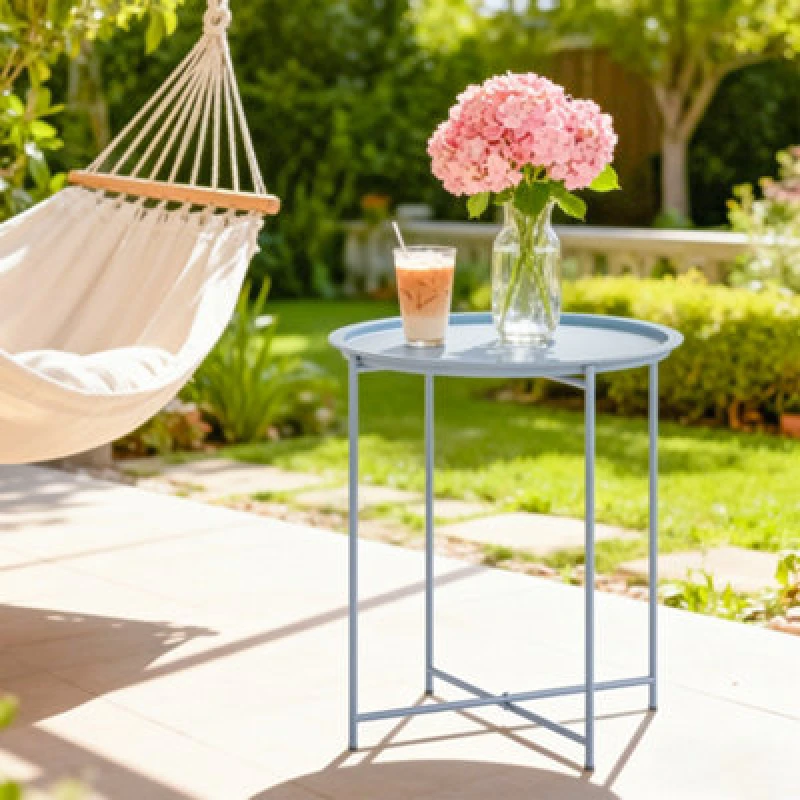 Image of Outsunny 46Cm Round Garden Table Side Table With Removable Tray, Blue Grey