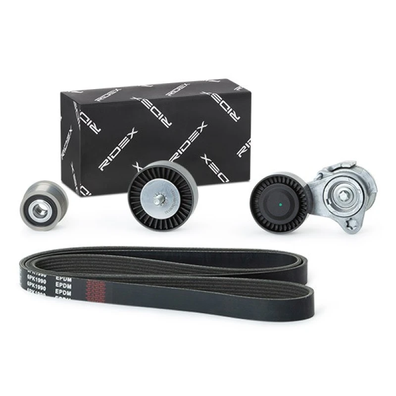Image of RIDEX 542R0309 V-ribbed belt set Check alternator freewheel clutch & replace if necessary, Pulleys: with freewheel belt pulley V-Ribbed Belt Set (542