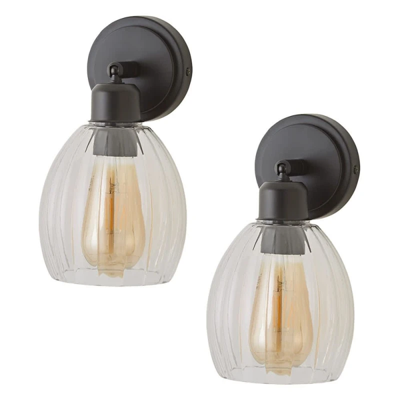 Image of ValueLights ValueLights Cheltenham Pair of Ribbed Glass Dome Spotlight Wall Lights with Bulbs in Black One Size Unisex 5059406071508