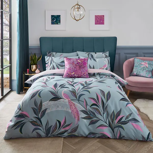 Image of Sara Miller Ornamental Peacock Duvet Set, Double, Dusky Blue