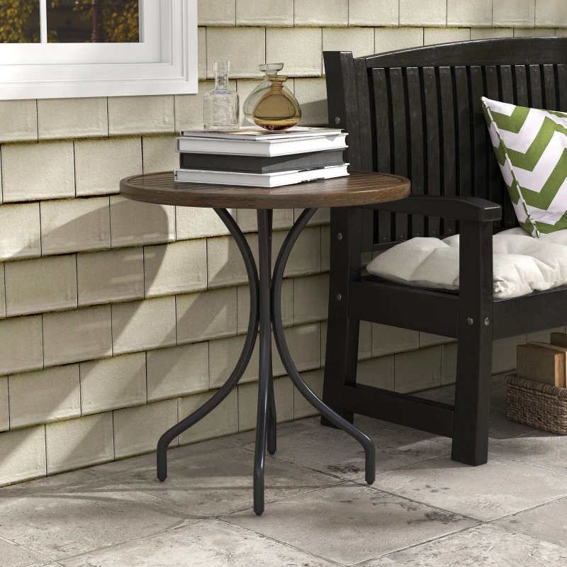 Image of Outsunny Round Garden Table Outdoor Side Table with Steel Frame - Brown Wood Grain TJ Hughes 5063603002388