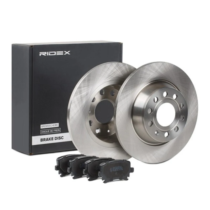 Image of RIDEX 3405B0862 Brake disc and pads set with accessories, Rear Axle, Brake Disc Type: Solid, prepared for wear warning indicator, with brake caliper s