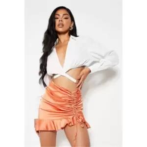 Image of I Saw It First Orange Satin Ruffle Ruched Mini Skirt - Orange