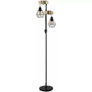 Image of Standing Floor Lamp Light Black Cage Shade & Wood Hangman 2 x 60W E27 Bulb