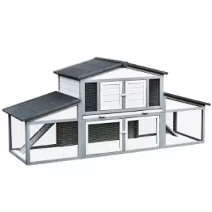 Image of PawHut Large Rabbit Hutch with Run, Outdoor Bunny Cage with Tray, Ramp, Wooden Guinea Pig House, Grey