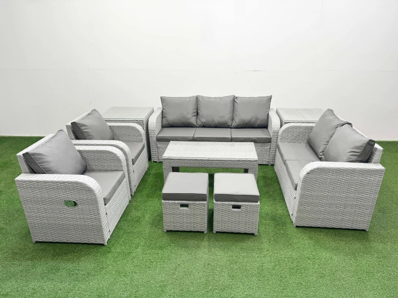 Image of Fimous PE Rattan Garden Furniture Set Adjustable Chair Sofa Double Love Seat 2 Seater Sofa Lounge Set Rectangular Coffee Table 2 Stools 2 Side Table L