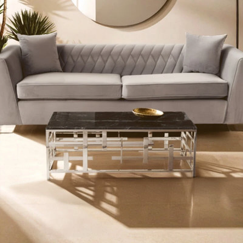 Image of Orsina Geometric Style Black Marble Coffee Table, Spacious Rectangular Table, Versatile Decorative Table For Patio