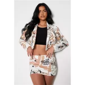 Image of I Saw It First White Super Cropped Newspaper Print Blazer With Shoulder Pads - White
