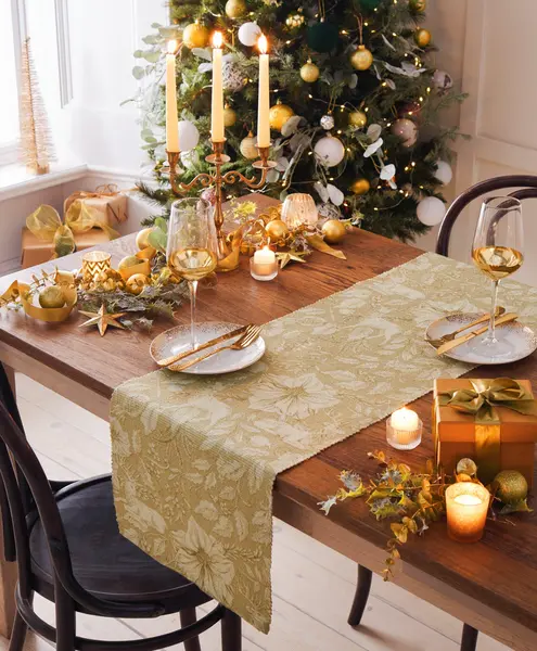 image of Paoletti Gold Stag Washable Festive Table Runner Gold