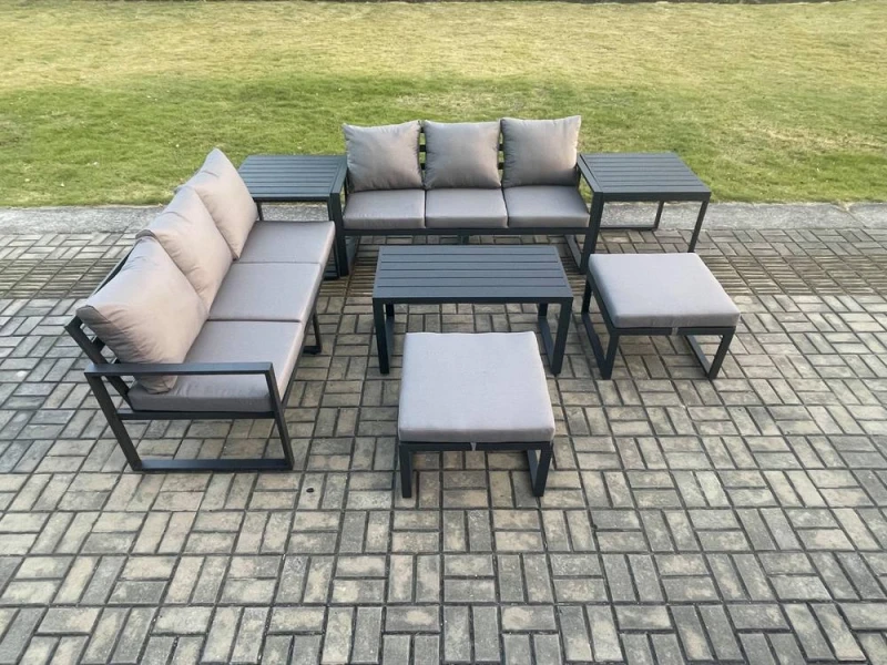 Image of Fimous Aluminium Patio Outdoor Garden Furniture Lounge Sofa Set with Oblong Coffee Table 2 Big Footstools 2 Side Tables Dark Grey Dark Grey Unisex